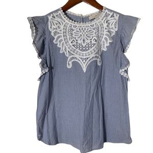 Loft Crocheted Lace Flutter Sleeve Top Blue Women’s Medium